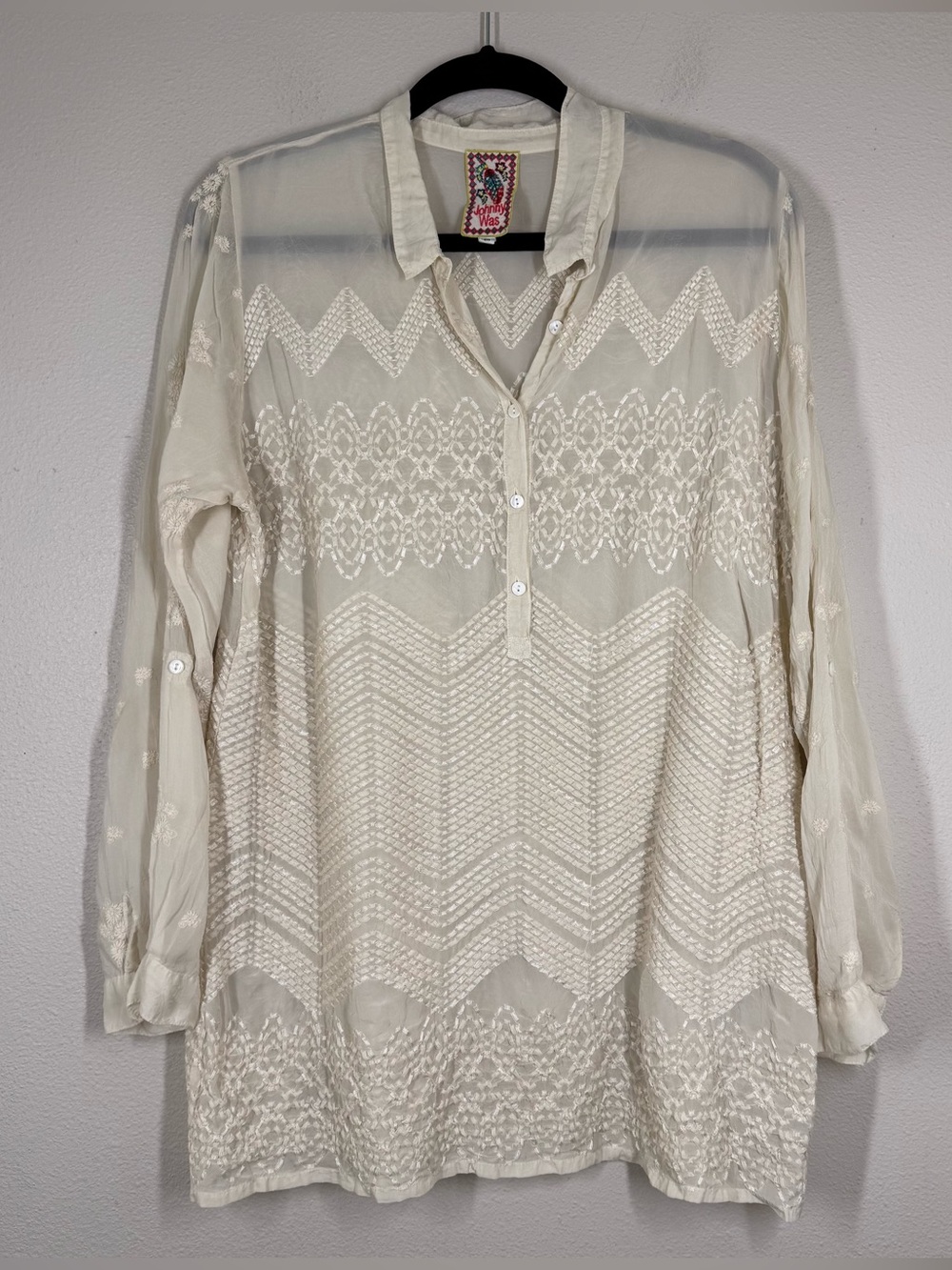 Johnny Was Cream Embroidered Long Sleeve Tunic Top Boho Romantic Size Medium